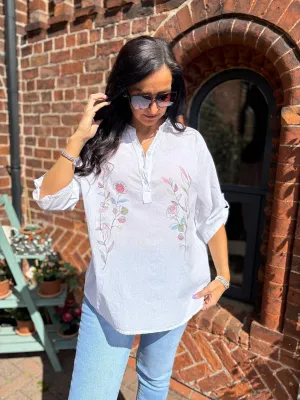 White Sketched Rose Blouse Fran