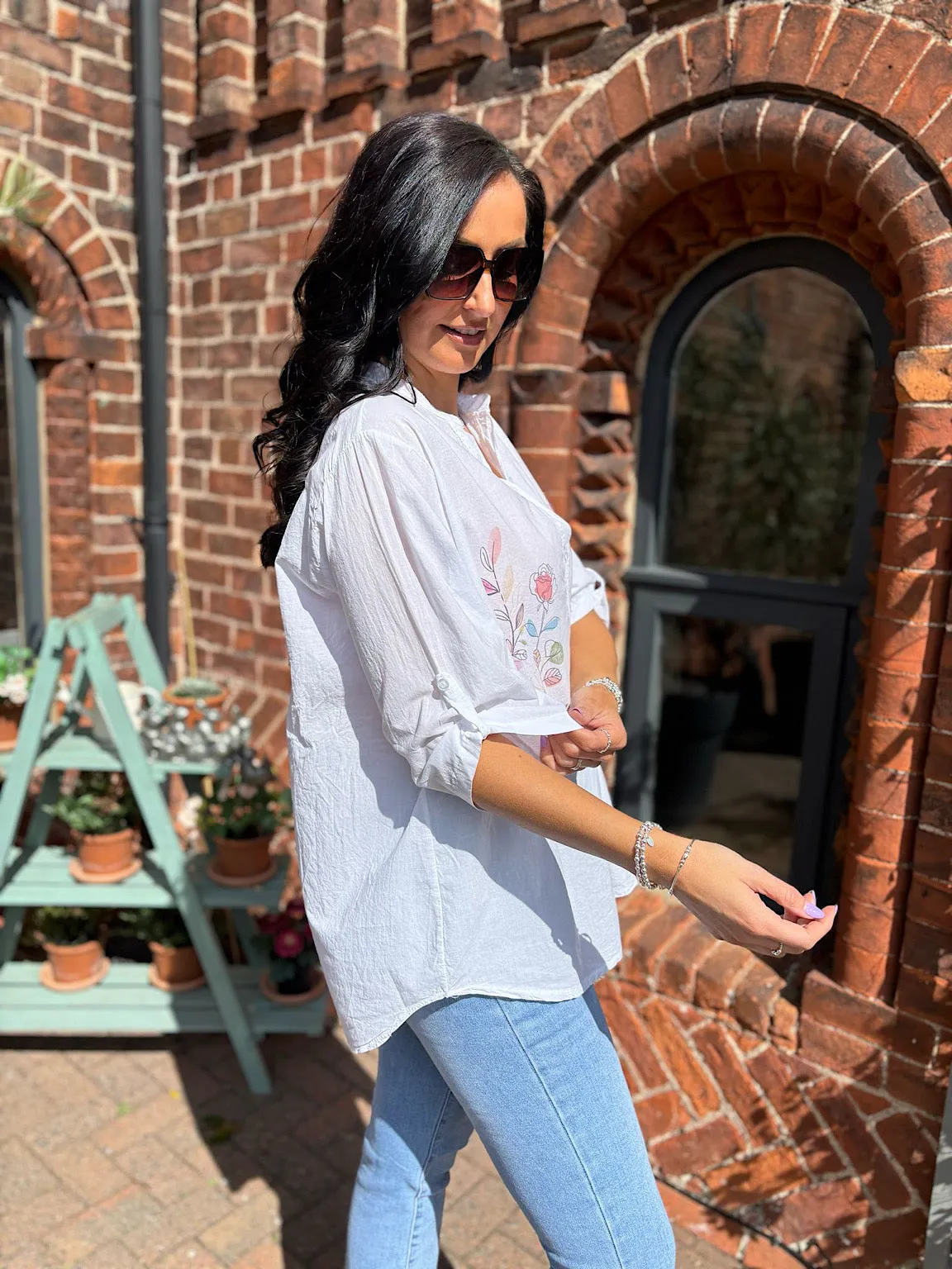 White Sketched Rose Blouse Fran