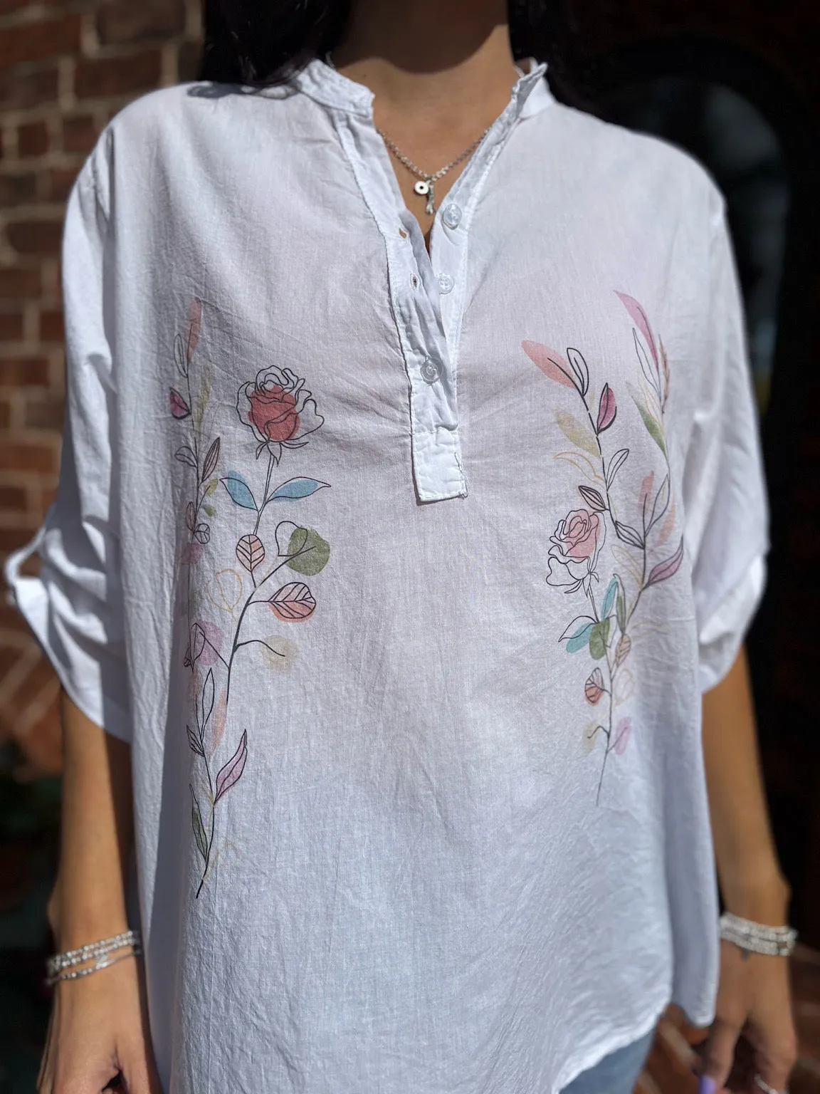 White Sketched Rose Blouse Fran