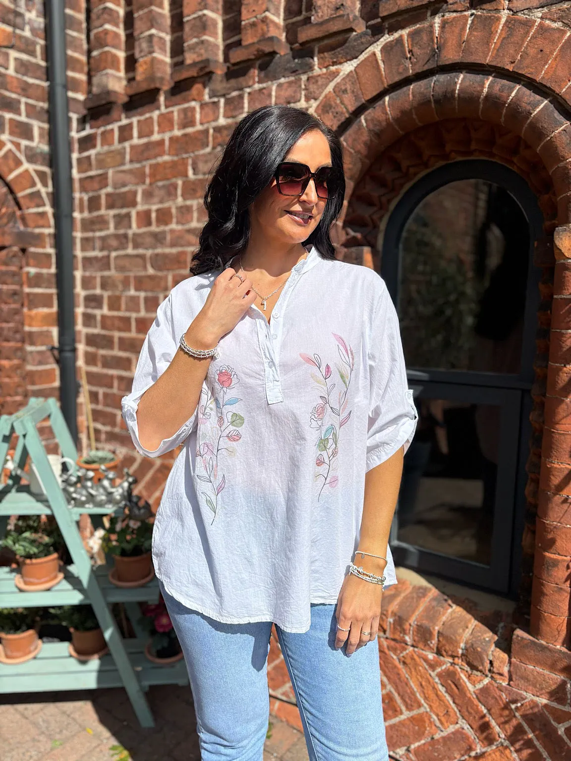 White Sketched Rose Blouse Fran