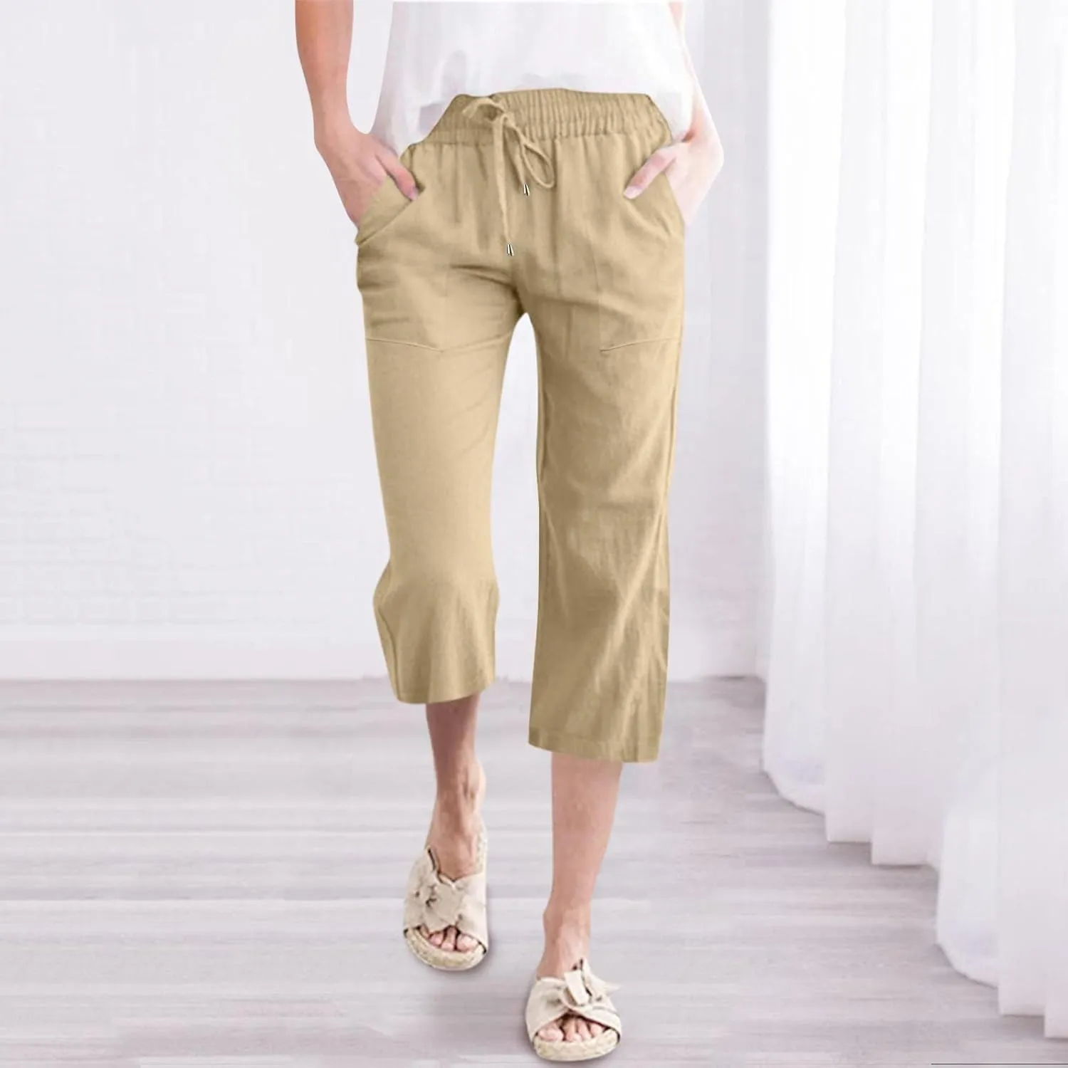 Women Capris Summer Cotton Linen Pants Casual Loose Lightweight Elastic Waisted Cropped Trouser Beach Pants