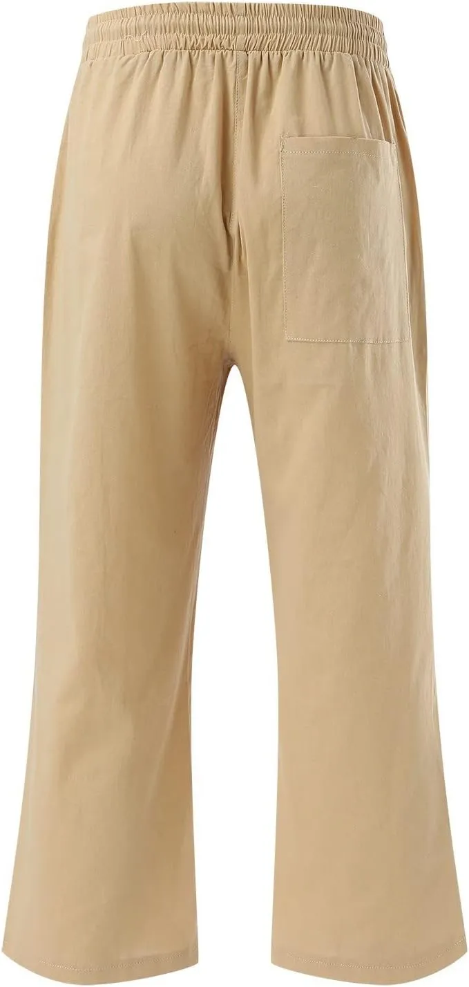 Women Capris Summer Cotton Linen Pants Casual Loose Lightweight Elastic Waisted Cropped Trouser Beach Pants
