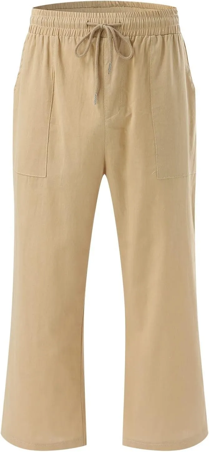 Women Capris Summer Cotton Linen Pants Casual Loose Lightweight Elastic Waisted Cropped Trouser Beach Pants