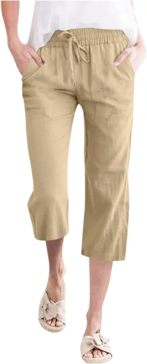 Women Capris Summer Cotton Linen Pants Casual Loose Lightweight Elastic Waisted Cropped Trouser Beach Pants