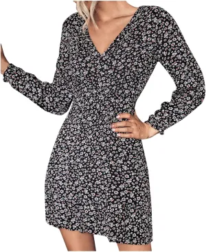 Women Dresses Casual Long Sleeve Fall Dress V Neck Bohemian Floral Casual Flowy A Line Tiered Work Midi Dresses Fall Dresses for Women 2024 Casual Black XL