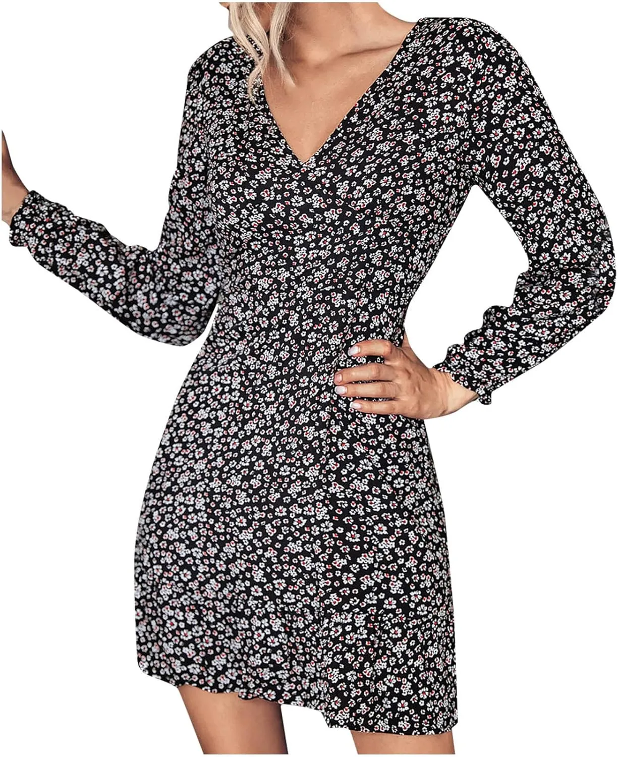 Women Dresses Casual Long Sleeve Fall Dress V Neck Bohemian Floral Casual Flowy A Line Tiered Work Midi Dresses Fall Dresses for Women 2024 Casual Black XL