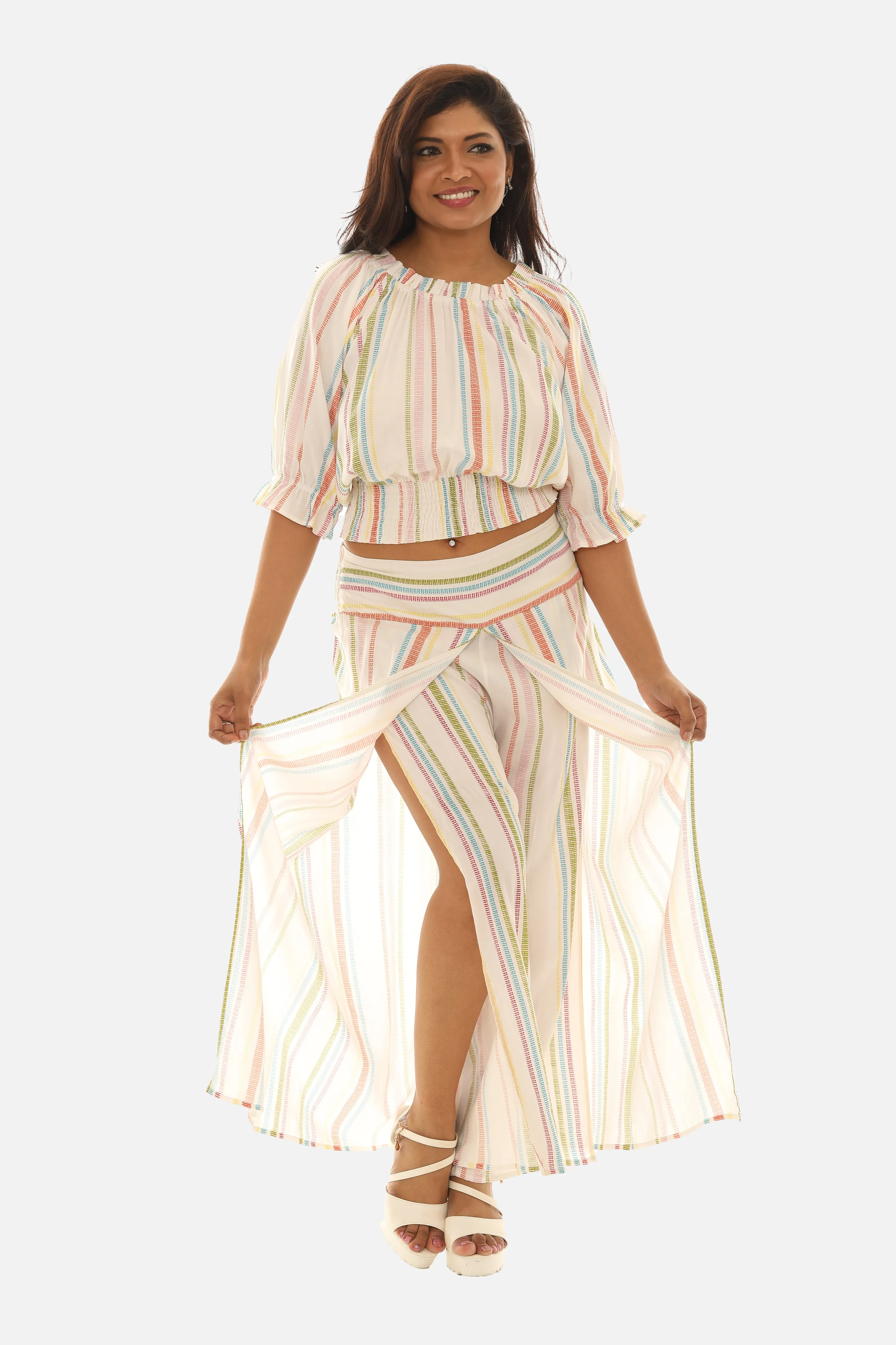 Women Multi-Stripes Cotton Pants with Top