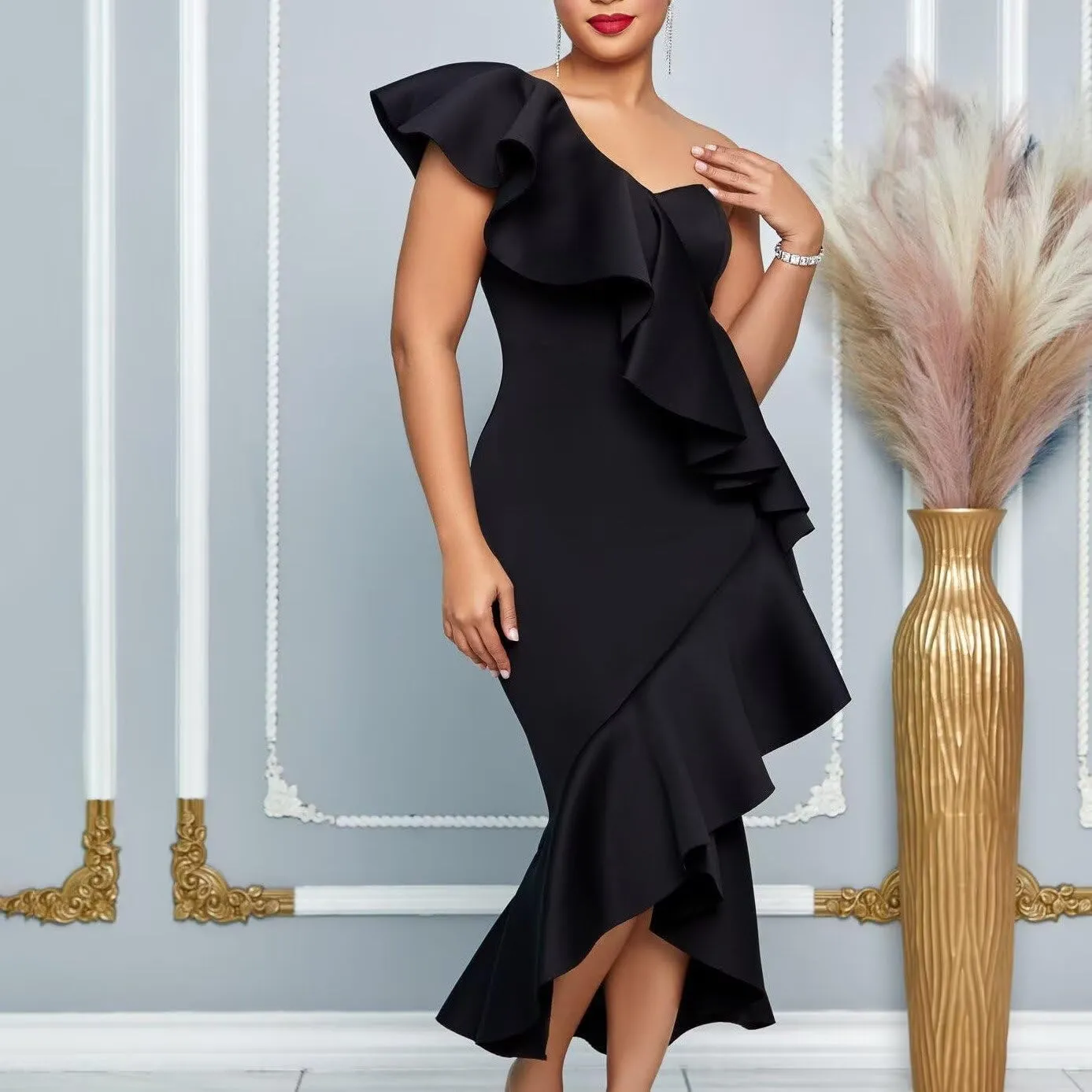 Women Plus Size One Shoulder Ruffle Formal Dress Evening Party Elegant Midi Bodycon Wedding Party Dress
