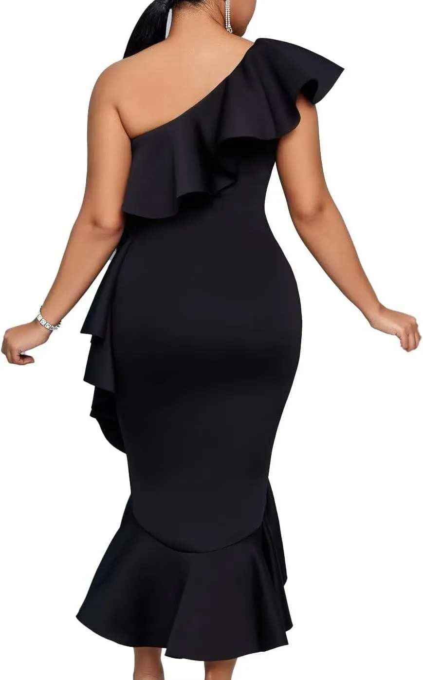 Women Plus Size One Shoulder Ruffle Formal Dress Evening Party Elegant Midi Bodycon Wedding Party Dress