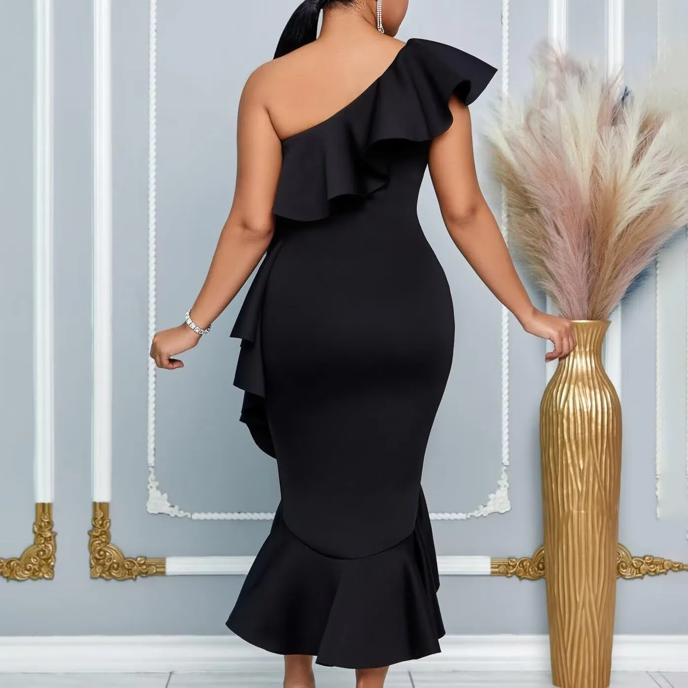 Women Plus Size One Shoulder Ruffle Formal Dress Evening Party Elegant Midi Bodycon Wedding Party Dress