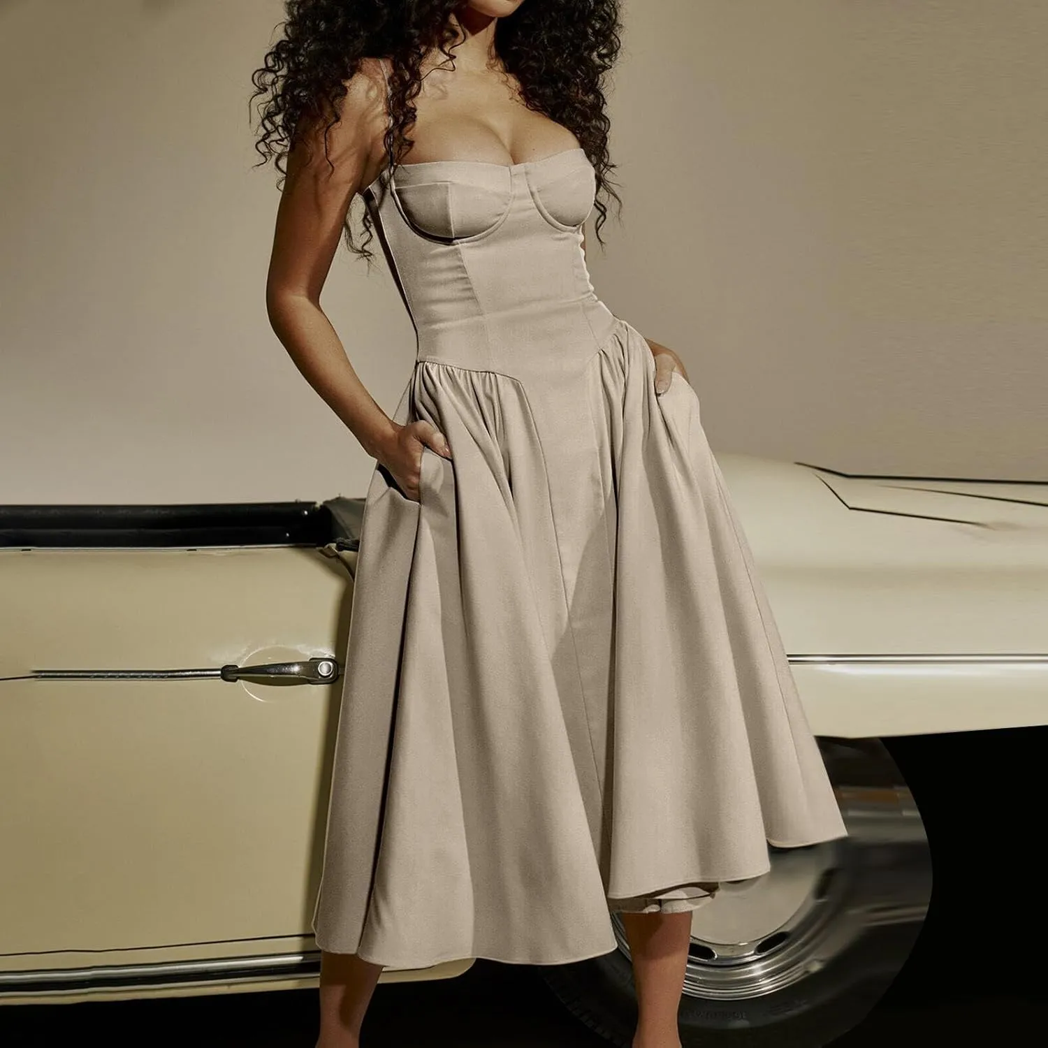 Women Sleeveless Sling Long Dress Summer Solid Color Backless A Line Bandage Dress Ladies Denim Dress