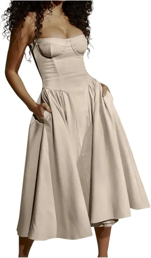 Women Sleeveless Sling Long Dress Summer Solid Color Backless A Line Bandage Dress Ladies Denim Dress