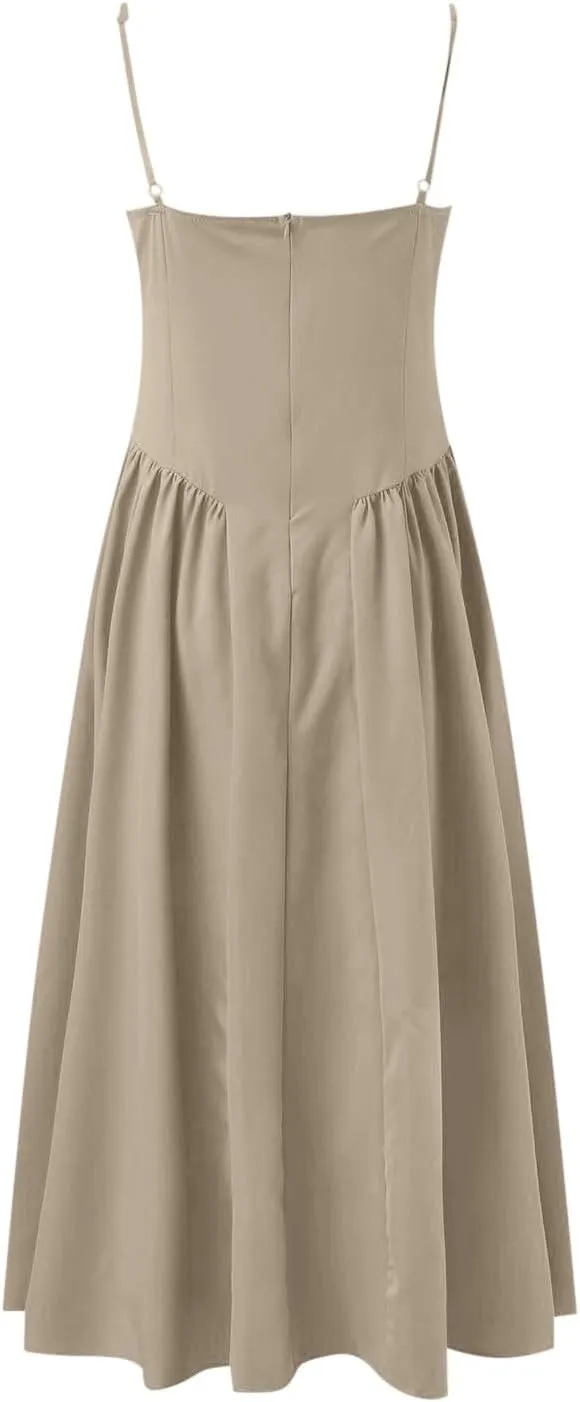 Women Sleeveless Sling Long Dress Summer Solid Color Backless A Line Bandage Dress Ladies Denim Dress