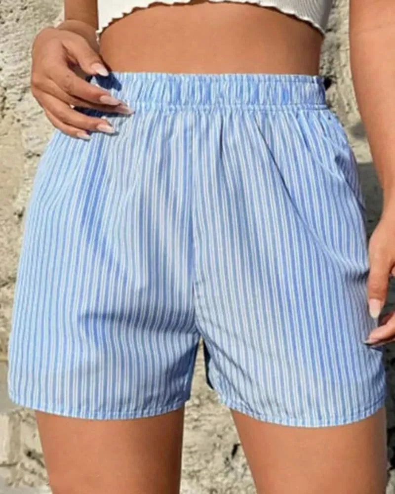 Women Striped Print Shorts High Waisted Shorts Y2k Mini Shorts Summer Lounge Shorts Trendy Pleated Boxer Shorts