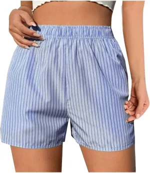 Women Striped Print Shorts High Waisted Shorts Y2k Mini Shorts Summer Lounge Shorts Trendy Pleated Boxer Shorts