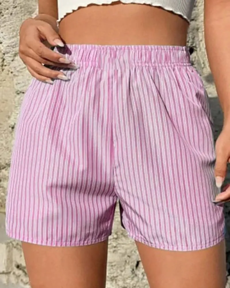 Women Striped Print Shorts High Waisted Shorts Y2k Mini Shorts Summer Lounge Shorts Trendy Pleated Boxer Shorts