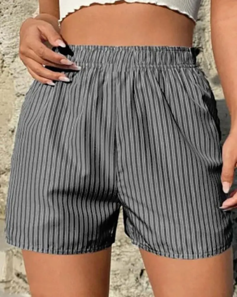 Women Striped Print Shorts High Waisted Shorts Y2k Mini Shorts Summer Lounge Shorts Trendy Pleated Boxer Shorts