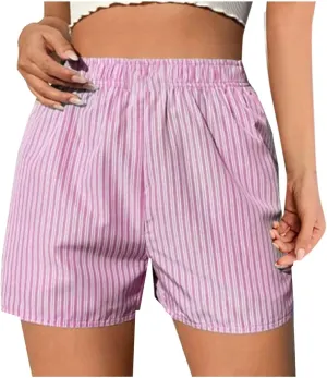 Women Striped Print Shorts High Waisted Shorts Y2k Mini Shorts Summer Lounge Shorts Trendy Pleated Boxer Shorts
