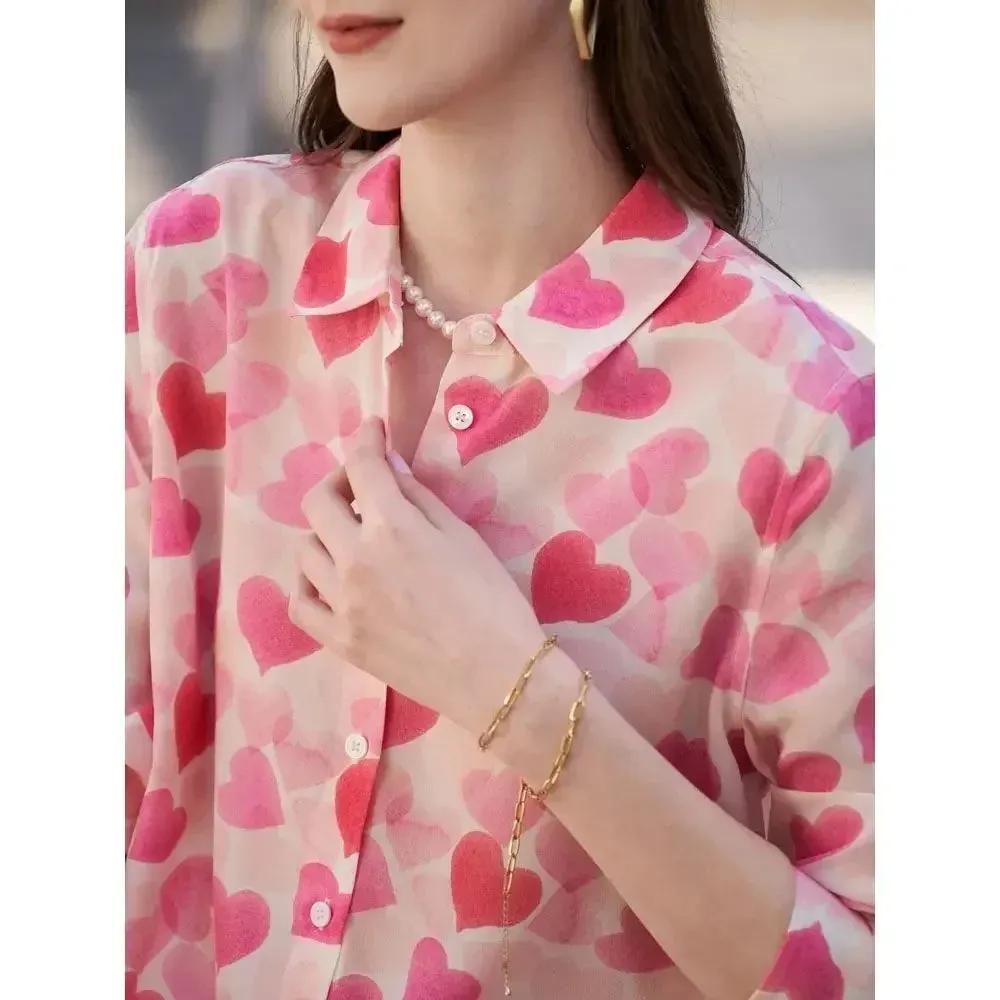 Women Stylish Love Print Turn Down Collar Button Shirts S5039565 S