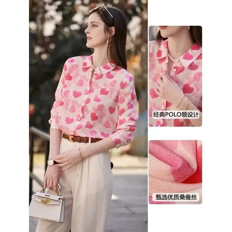Women Stylish Love Print Turn Down Collar Button Shirts S5039565 S