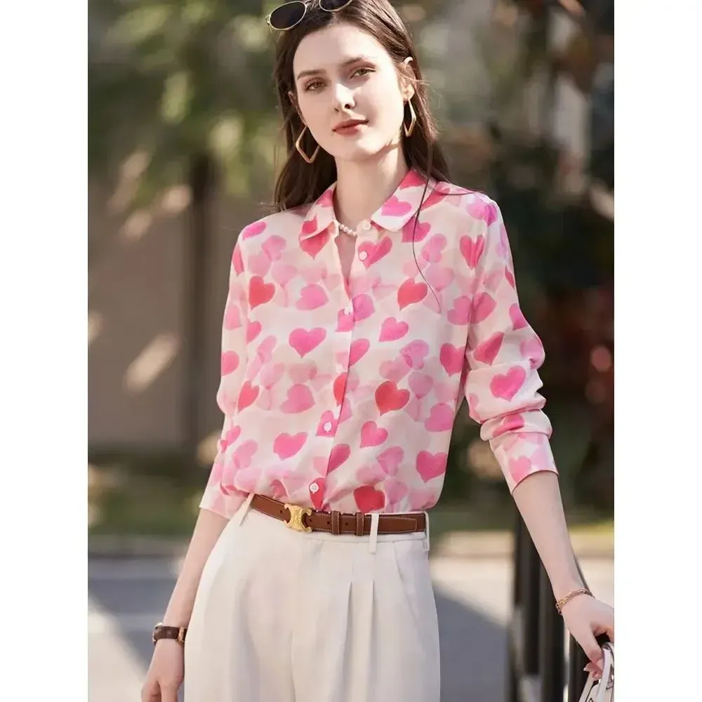 Women Stylish Love Print Turn Down Collar Button Shirts S5039565 S