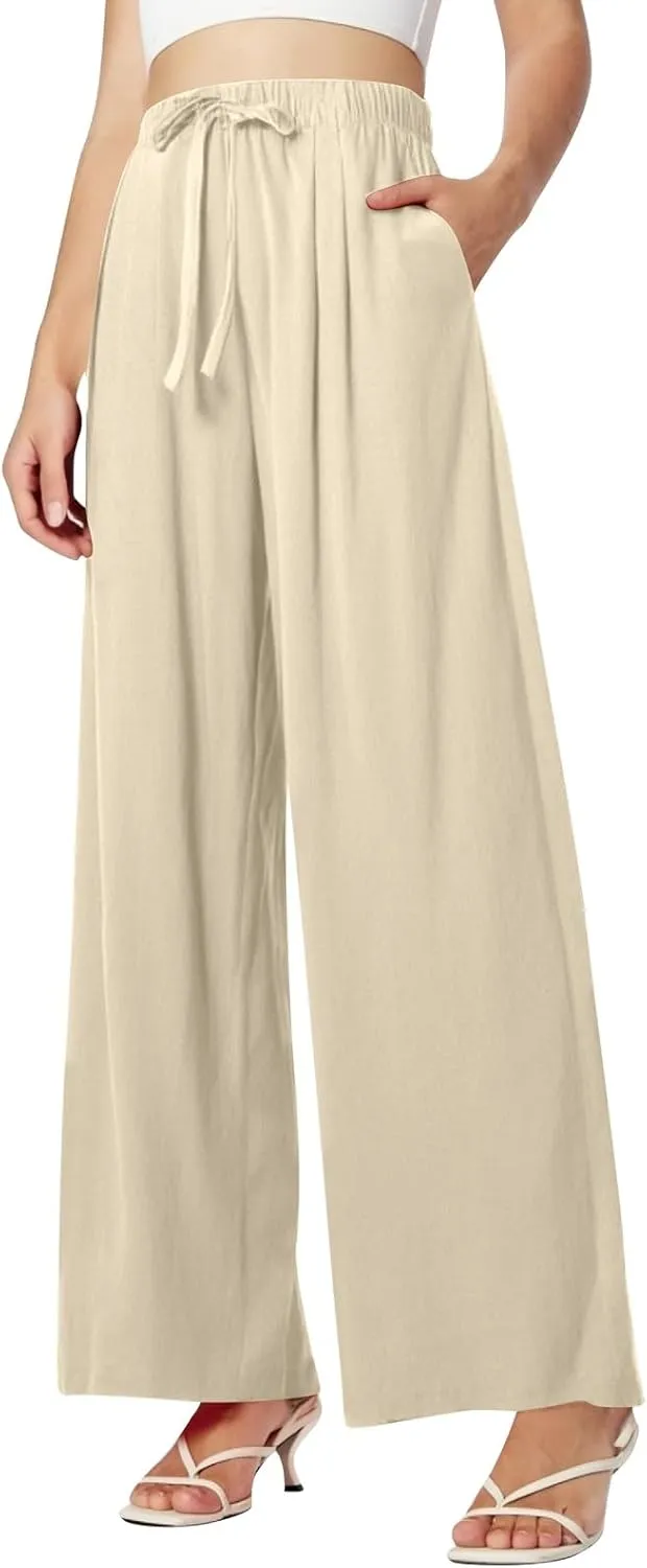 Women Summer Elastic High Waisted Linen Palazzo Pants Wide Leg Long Ruched Joggers Pant Trousers with Pocket