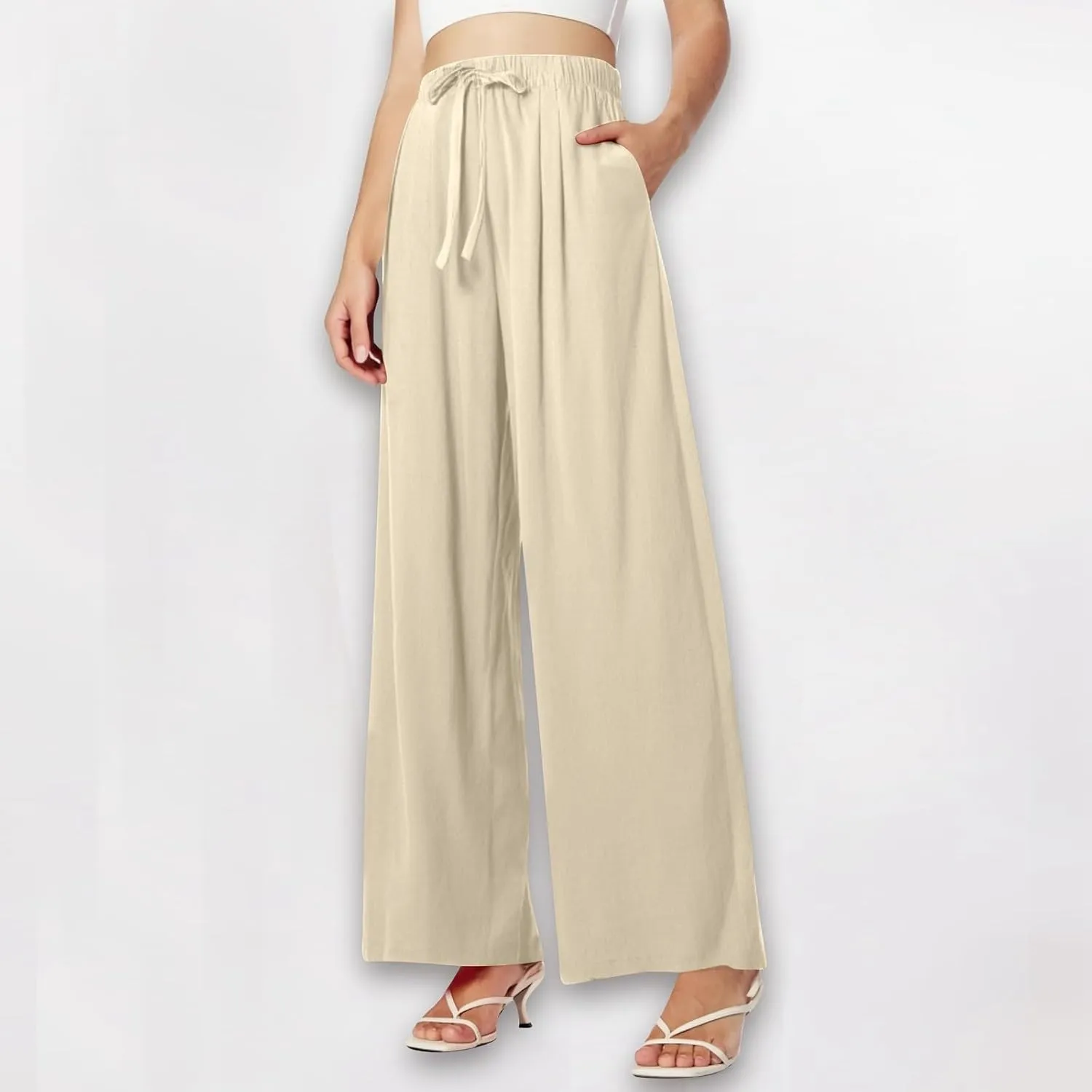 Women Summer Elastic High Waisted Linen Palazzo Pants Wide Leg Long Ruched Joggers Pant Trousers with Pocket