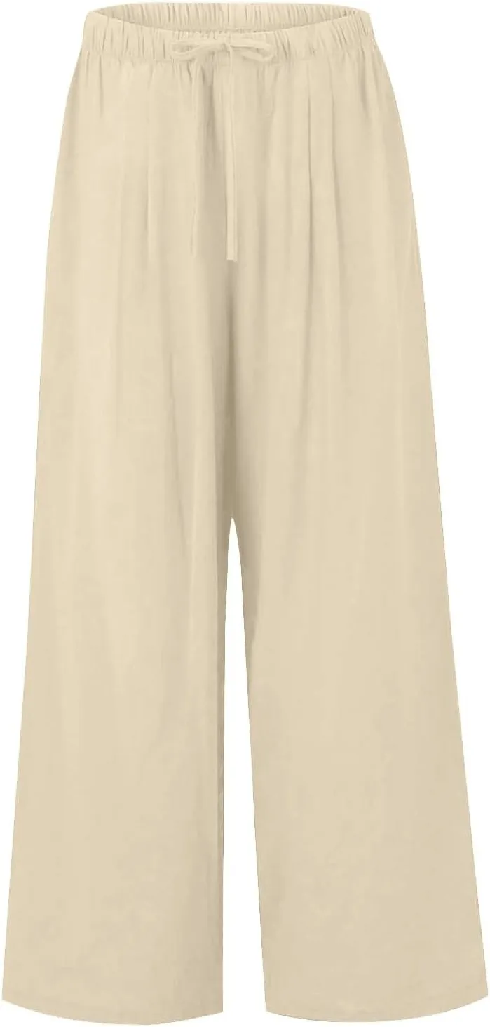 Women Summer Elastic High Waisted Linen Palazzo Pants Wide Leg Long Ruched Joggers Pant Trousers with Pocket