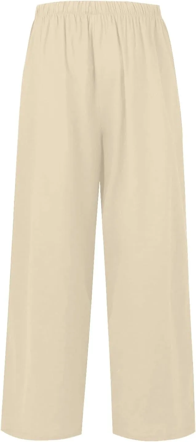 Women Summer Elastic High Waisted Linen Palazzo Pants Wide Leg Long Ruched Joggers Pant Trousers with Pocket