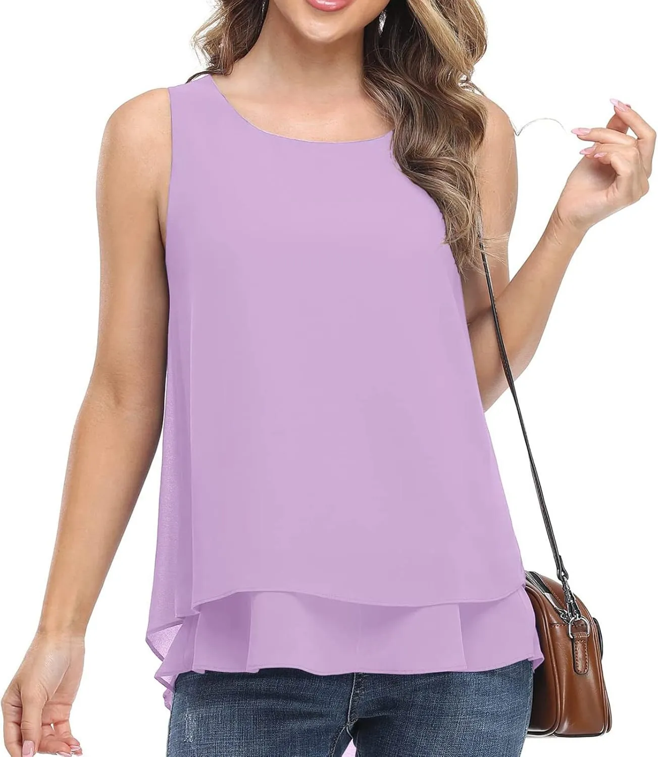 Women Tank Tops Dressy Sleeveless Solid Color Double Layers Chiffon Camisole Casual Summer Vacation Loose Casual Top
