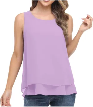 Women Tank Tops Dressy Sleeveless Solid Color Double Layers Chiffon Camisole Casual Summer Vacation Loose Casual Top
