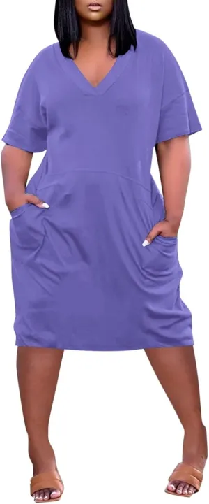 Women's Beach Dress Plus Size Summer V Neck Short Sleeve Knee Pocket Soild Color Casual Dress Casual Dresses