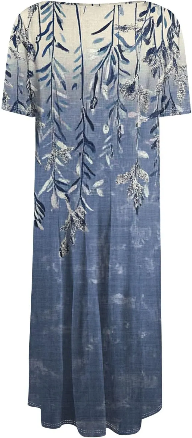 Women's Boho Dress Summer Casual Loose Trendy Short Sleeve Crew Neck Floral Print Midi Dresses 2025 Plus Size, S-3XL