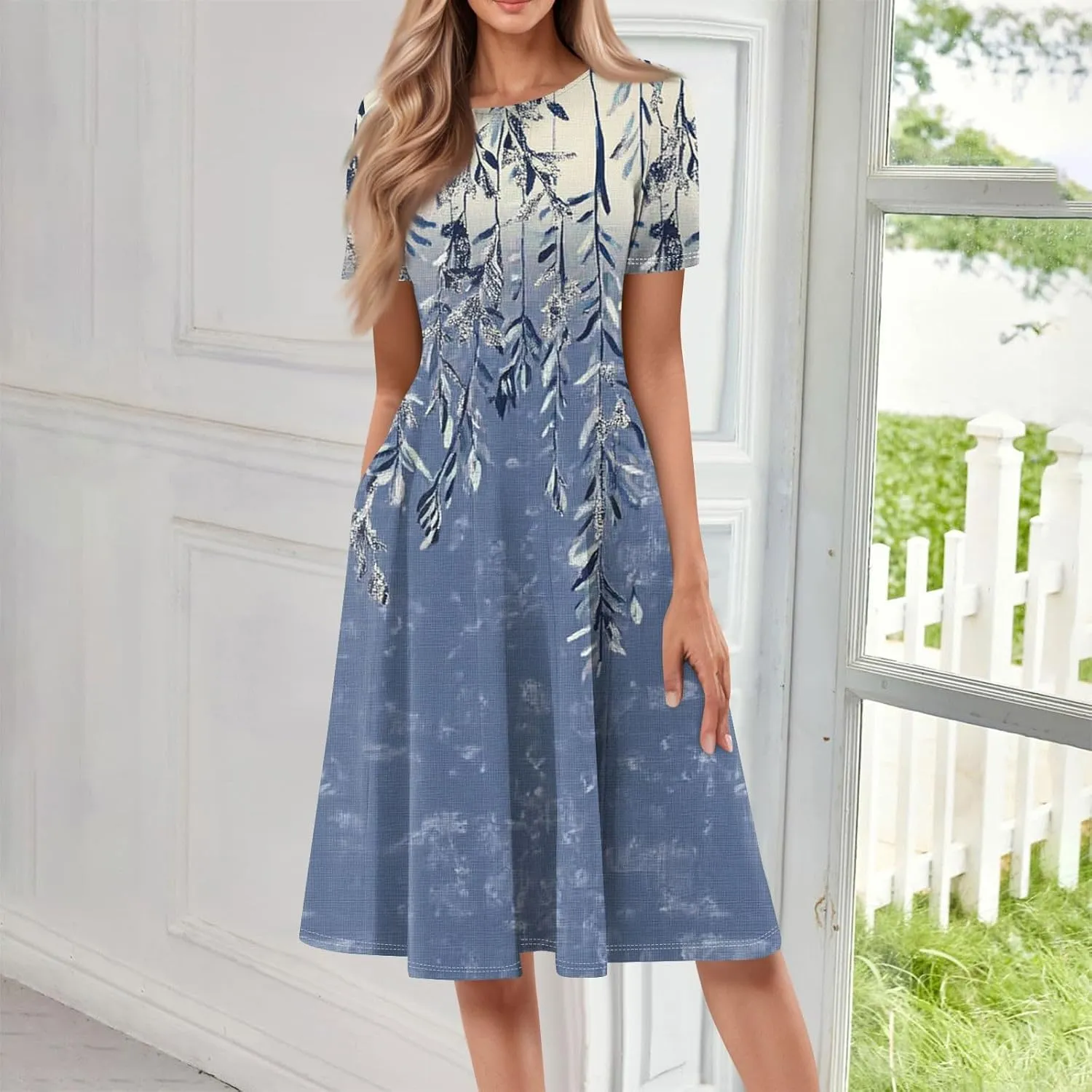 Women's Boho Dress Summer Casual Loose Trendy Short Sleeve Crew Neck Floral Print Midi Dresses 2025 Plus Size, S-3XL