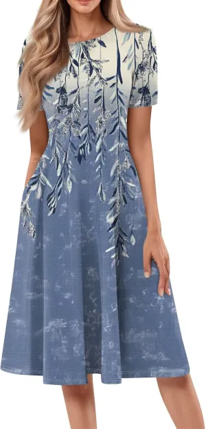 Women's Boho Dress Summer Casual Loose Trendy Short Sleeve Crew Neck Floral Print Midi Dresses 2025 Plus Size, S-3XL