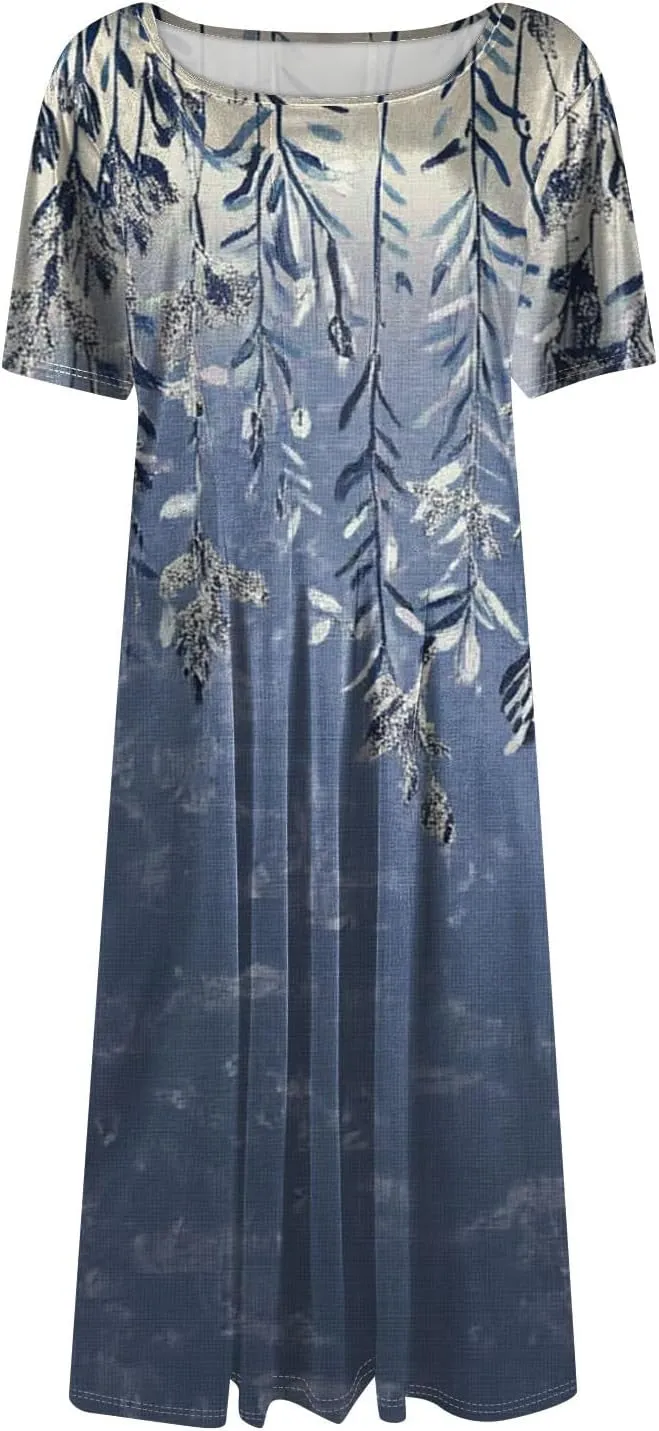Women's Boho Dress Summer Casual Loose Trendy Short Sleeve Crew Neck Floral Print Midi Dresses 2025 Plus Size, S-3XL