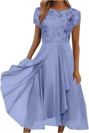 Women's Casual Dresses 2024 Trendy Solid Lace Short Sleeve Bridesmaid Maxi Dress Casual, S-3XL