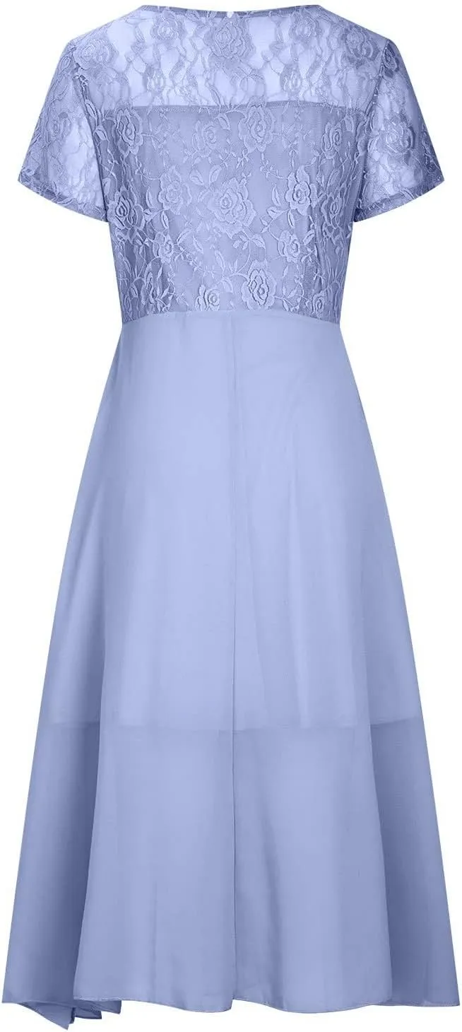 Women's Casual Dresses 2024 Trendy Solid Lace Short Sleeve Bridesmaid Maxi Dress Casual, S-3XL