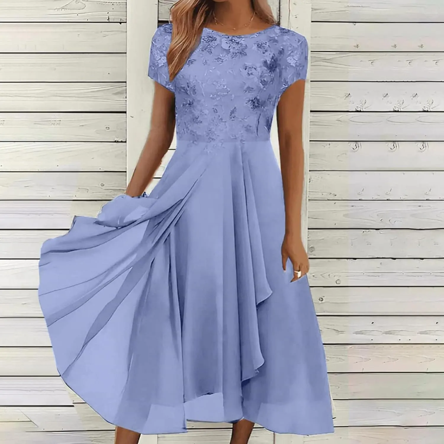 Women's Casual Dresses 2024 Trendy Solid Lace Short Sleeve Bridesmaid Maxi Dress Casual, S-3XL