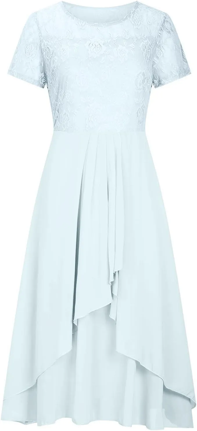 Women's Casual Dresses 2024 Trendy Solid Lace Short Sleeve Bridesmaid Maxi Dress Casual, S-3XL