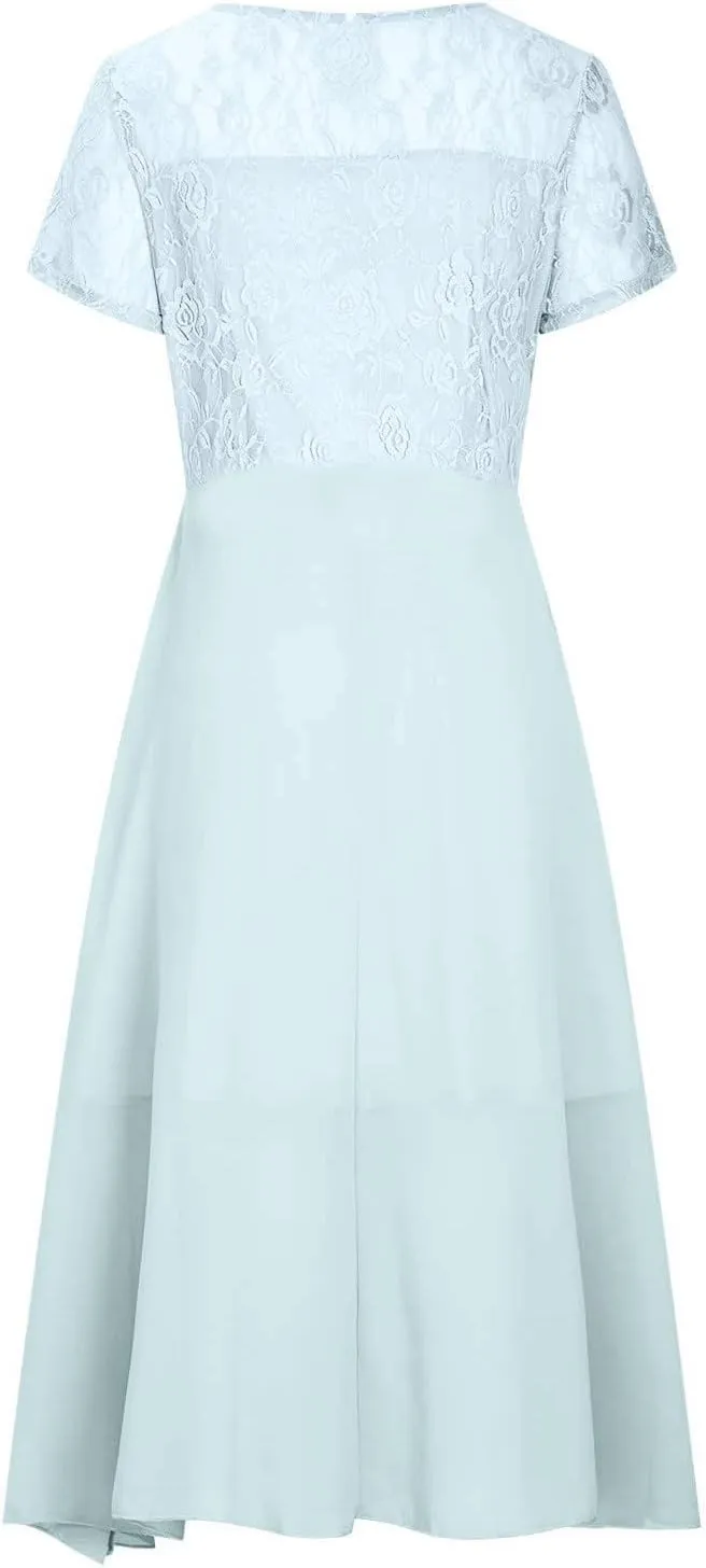 Women's Casual Dresses 2024 Trendy Solid Lace Short Sleeve Bridesmaid Maxi Dress Casual, S-3XL