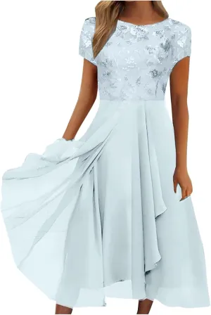 Women's Casual Dresses 2024 Trendy Solid Lace Short Sleeve Bridesmaid Maxi Dress Casual, S-3XL