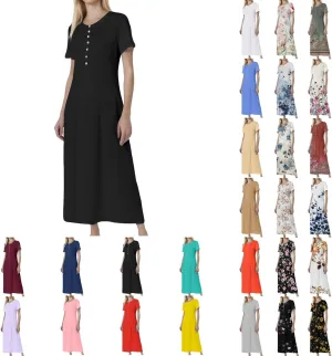 Women's Casual Printed Summer Round Neck Button Dress with Pockets