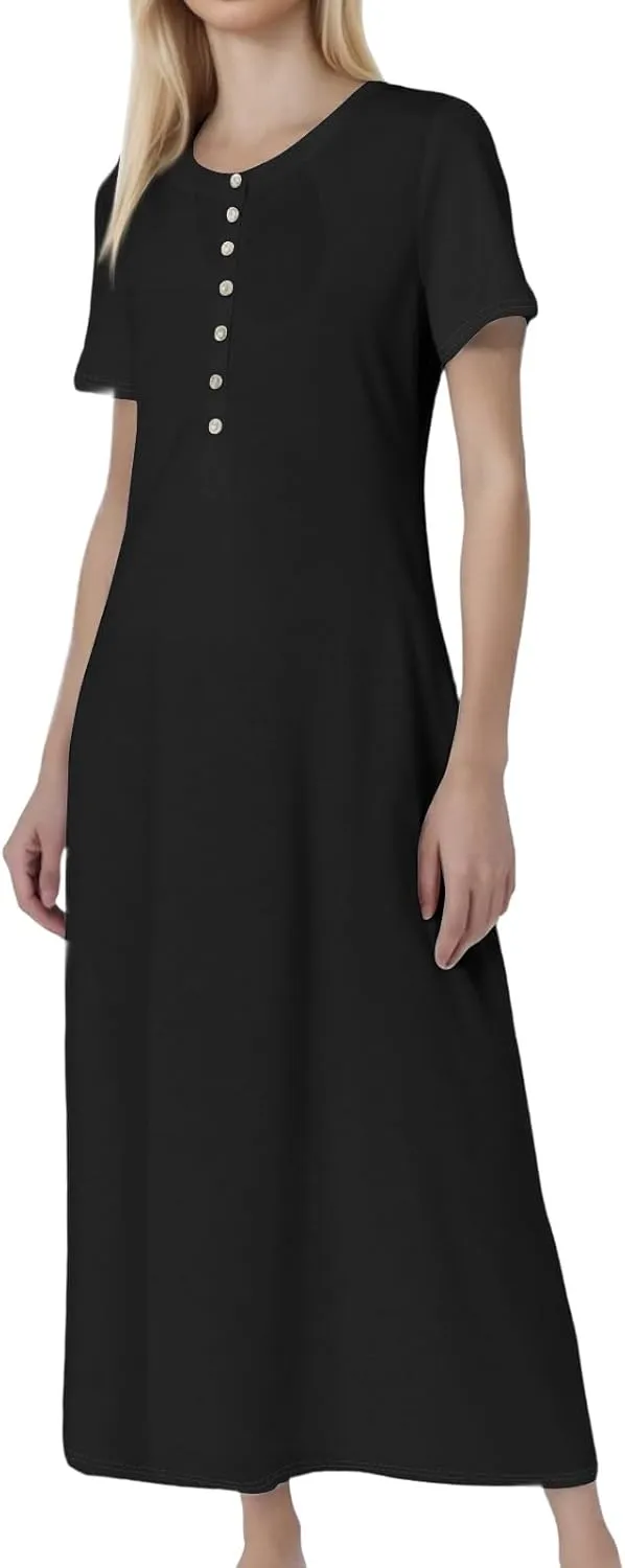 Women's Casual Printed Summer Round Neck Button Dress with Pockets