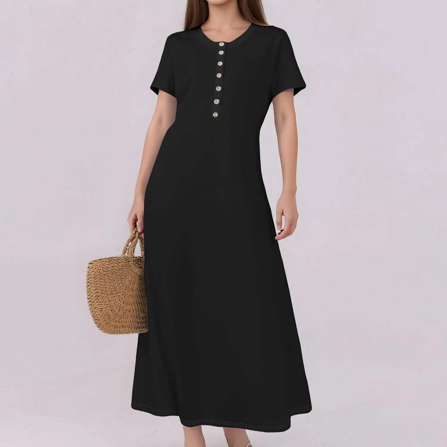 Women's Casual Printed Summer Round Neck Button Dress with Pockets