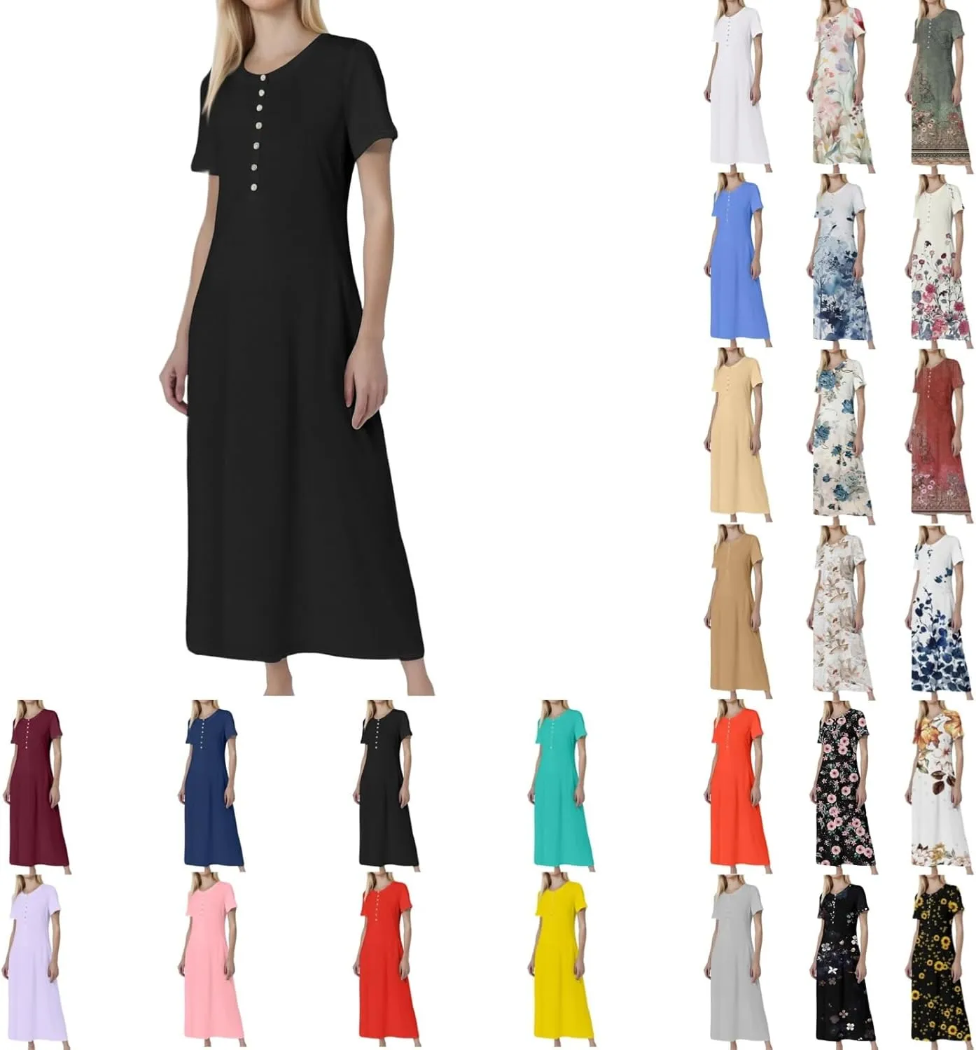Women's Casual Printed Summer Round Neck Button Dress with Pockets