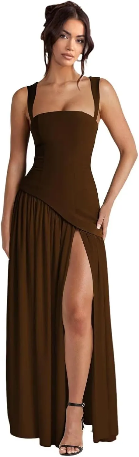 Women's Chiffon Bridesmaid Dress with Slit Pleated Asymmetrical Drop Waist Formal Evening Gowns