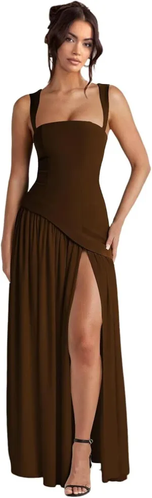 Women's Chiffon Bridesmaid Dress with Slit Pleated Asymmetrical Drop Waist Formal Evening Gowns