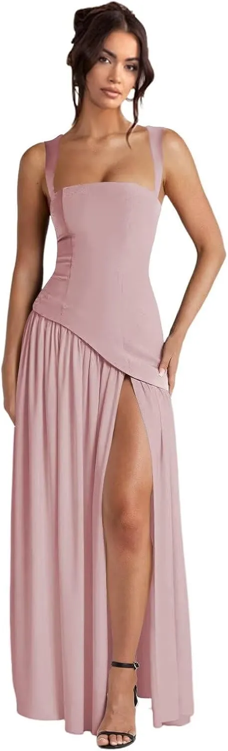 Women's Chiffon Bridesmaid Dress with Slit Pleated Asymmetrical Drop Waist Formal Evening Gowns