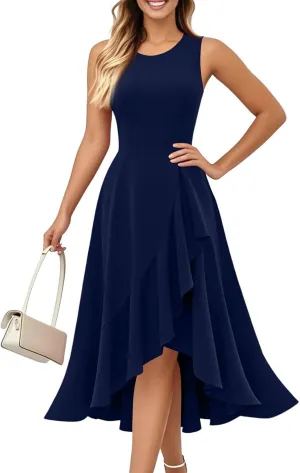 Women's Cocktail Party Formal Wedding Guest Church Dresses A Line High Low Ruffled Split Hem Party Midi Dresses